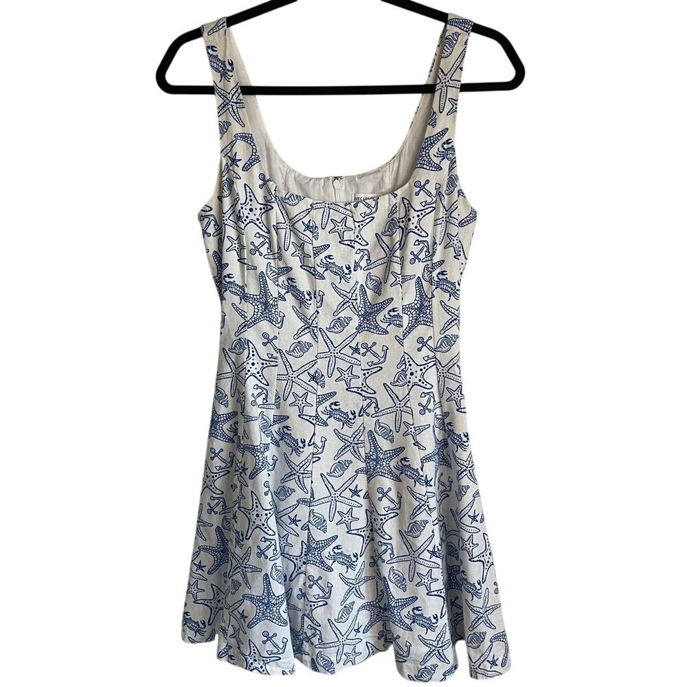 Avec Les Filles Linen Blend Starfish Print Fit & Flare Mini Dress Sz 6 Coastal